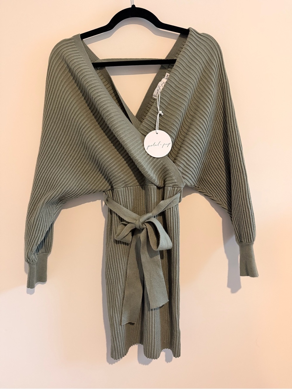 NWT Petal + Pup Green Ribbed Sweater Dress with Tie Waist